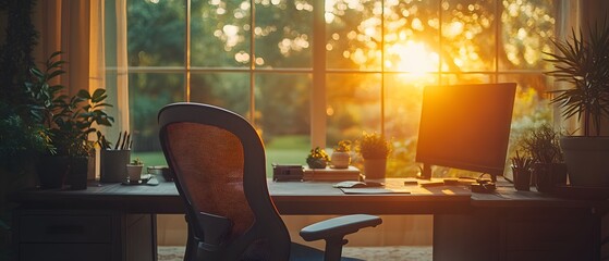 Poster - A serene home office bathed in sunset light, featuring plants and a computer setup.