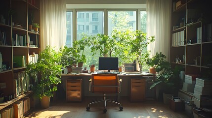 Poster - A serene home office filled with plants and natural light, promoting productivity and tranquility.