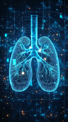 Poster - abstract blue glowing human lungs formed by particles on a technological background