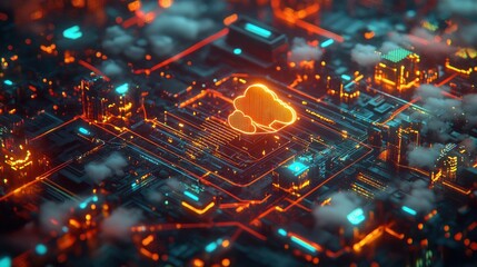Poster - Glowing Cloud Icon on Futuristic Circuit Board