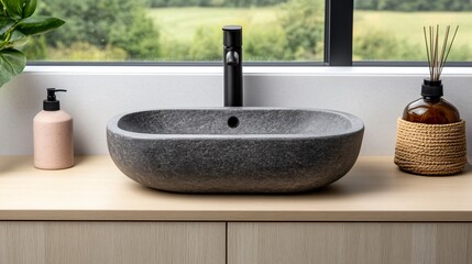 Modern Bathroom Sink Stone Basin Minimalist Design Luxury Faucet