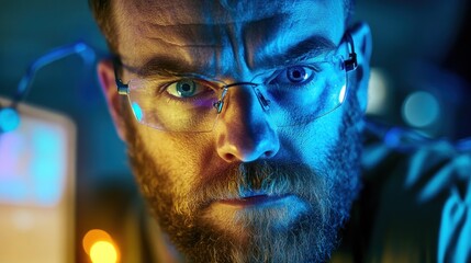 Poster - Close-up Portrait of a Man Wearing Glasses with Blue and Yellow Lighting