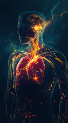Poster - abstract image of a human body with glowing veins and arteries illustrating the nervous and cardiova