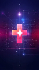 Poster - the intersection of healthcare and technology is symbolized by a digitally rendered glowing red cros