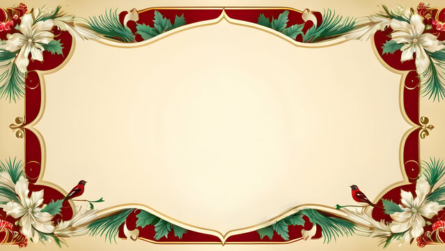 Vintage holidays card with Christmas Tree, birds, Christmas ornament background, ornate floral frame and copy space. Retro banner Christmas and New year concept