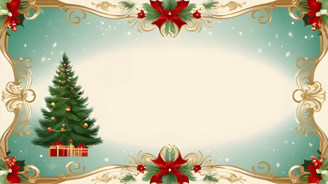 Vintage holidays card with Christmas Tree, Christmas ornament background, ornate floral frame and copy space. Retro banner Christmas and New year concept