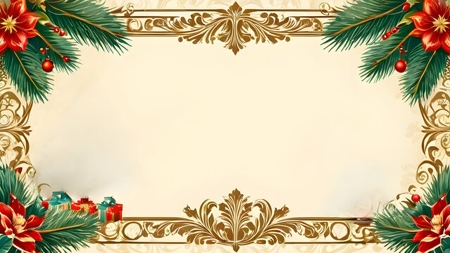 Vintage holidays card with Christmas Tree, Christmas ornament background, ornate floral frame and copy space. Retro banner Christmas and New year concept
