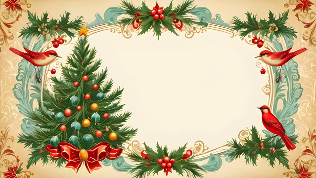 Vintage holidays card with Christmas Tree, birds, Christmas ornament background, ornate floral frame and copy space. Retro banner Christmas and New year concept