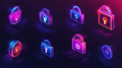 Poster - Neon Lock Icons on Dark Background Design