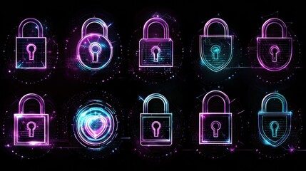 Poster - Secure Digital Icons with Neon Effects and Locks