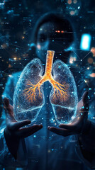 Poster - scientist is holding a futuristic 3d projection of human lungs, visualizing data in augmented realit