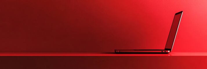 Poster - Sleek, modern laptop is displayed on a red desk against a vibrant red backdrop, creating a striking visual contrast and suggesting a contemporary workspace or technological theme