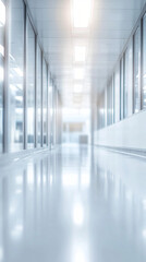 Poster - Bright fluorescent lights illuminating a long empty corridor with glass walls in a modern office building