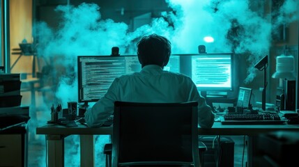 Poster - A Hacker Working on a Computer in a Dark Room Filled With Blue Smoke