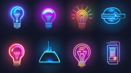 Poster - Colorful Neon Light Bulbs and Icons Collection