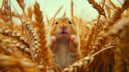 A small brown mouse peeks out from a field of golden wheat, with its paws raised and a surprised expression on its face.