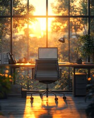 Poster - A serene office space with a desk, chair, and computer, illuminated by sunset through glass.