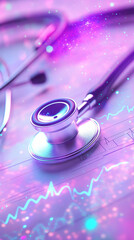 Poster - stethoscope lies on a medical chart with a glowing blue graph in a purple background