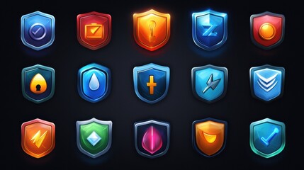 Poster - Colorful Shield Icons for Game Design and Graphics