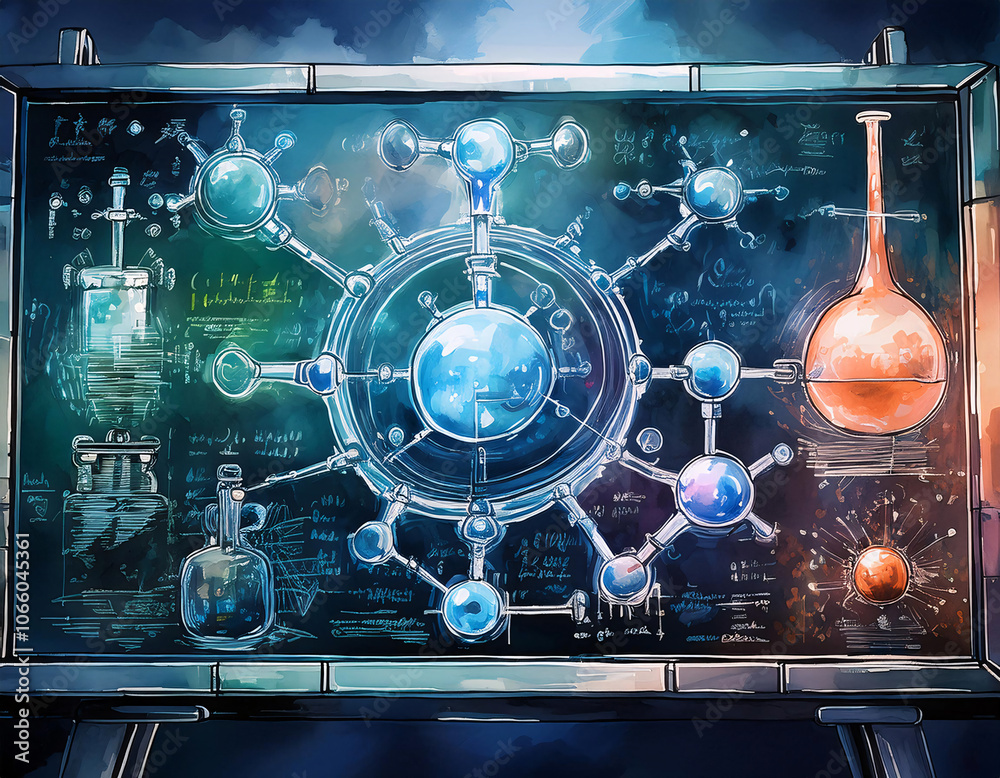 A stylized image of a chalkboard filled with science-related diagrams ...