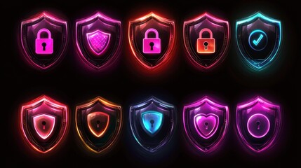 Poster - Colorful Neon Shield Icons for Security and Protection