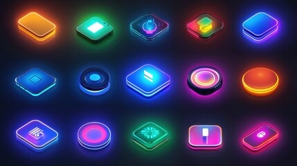 Poster - Neon Glowing Icons on Dark Background for Digital Use