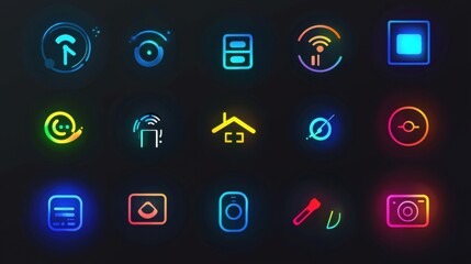 Poster - Colorful Neon Icons on Dark Background