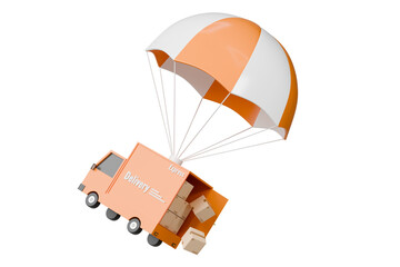 Poster - 3d Delivery Car with flying parachute icon. Minimal Cartoon Fast Truck shipment package with hot air balloon. Cargo delivery service, Online Shopping concept on isolated orange background. 3d render.