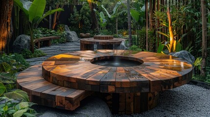 Circular wooden bench in a lush green garden