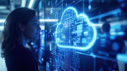 Poster - Woman Looking at Digital Cloud Network on Large Screen