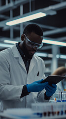 Poster - In a contemporary laboratory, a scientist in a lab coat and safety goggles is using a digital tablet