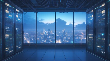 Sticker - A server room with large windows overlooking a city skyline at dusk.