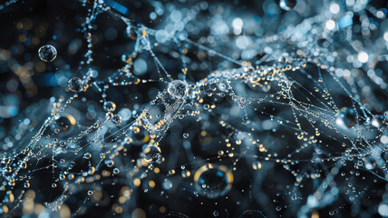 Water Droplets on a Spider Web: A close-up shot of a delicate spider web glistening with morning dew, each drop reflecting light, highlighting the intricate beauty of natural design.