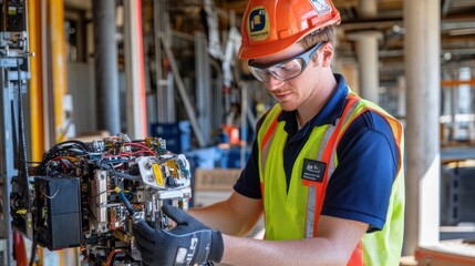 Poster - Construction Worker Adjusting a Complex Machine with Wires and Components