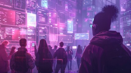 Silhouettes of People Surrounded by Digital Data