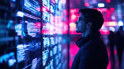 Poster - Man Looking at a Wall of Digital Data in a Neon-Lit Cityscape