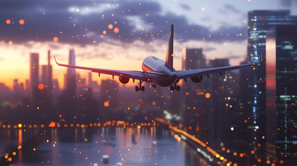 Aufkleber - an airplane flying over the city, with a blurred background, evening light, city lights, bokeh effect, blurred sky with sunset colors, blurred river in the foreground Generative AI