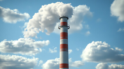 Wall Mural - a tall smokestack, with red and white stripes, set against a blue sky with clouds The smokestack appears to be emitting air pollution Generative AI