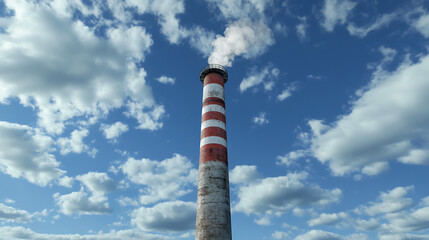 Poster - a tall smokestack, with red and white stripes, set against a blue sky with clouds the smokestack app