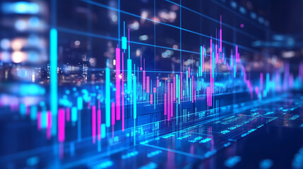 Fototapete - a stock market graph going up, with houses on the bar graph, against a blue background, and an arrow pointing upwards Generative AI