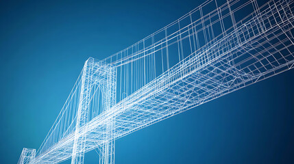 Poster - Wireframe blueprint of a modern suspension bridge on blue background