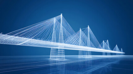 Aufkleber - Wireframe blueprint of a modern suspension bridge on blue background