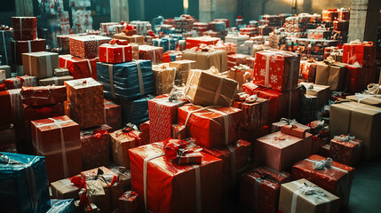 Warehouse filled with holiday packages, representing the peak season in logistics and distribution