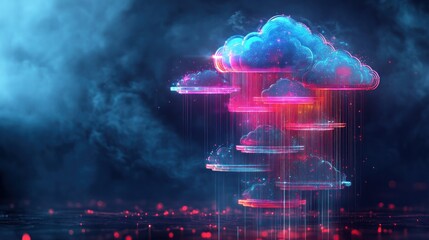 Poster - Abstract Digital Cloud with Neon Lines and Red Dots