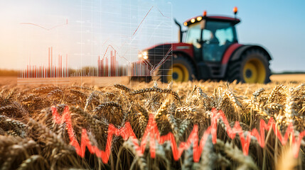 Poster - Tractor harvesting wheat in a field with financial graphs overlay, symbolizing agricultural economics