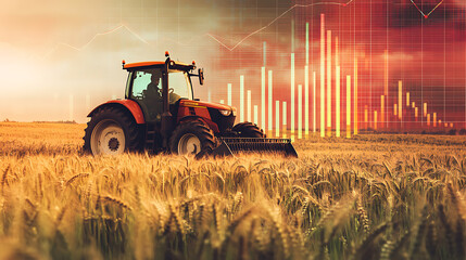 Poster - Tractor harvesting wheat in a field with financial graphs overlay, symbolizing agricultural economics