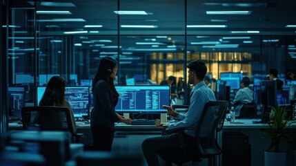 Poster - Two People Working Late in a Dark Office with Blue Monitors
