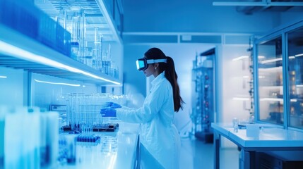Poster - Female Scientist Wearing VR Headset Examining Test Tubes in a Laboratory