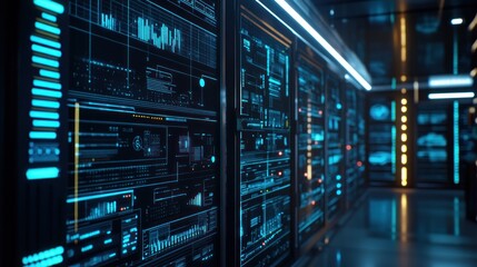 Poster - Server Racks Displaying Digital Information with Blue and Yellow Lighting
