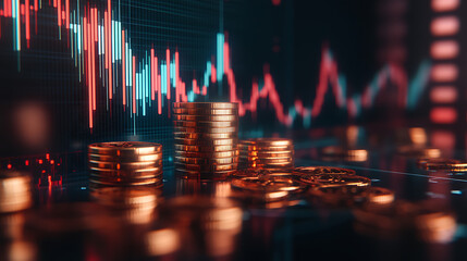 Fototapete - Stacks of gold coins with a rising stock chart in the background symbolize the increasing price of gold